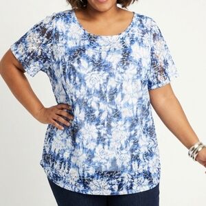 NWT Ruby Rd. Plus Size Blue and White Long Sleeve Tie-Dye Blouse